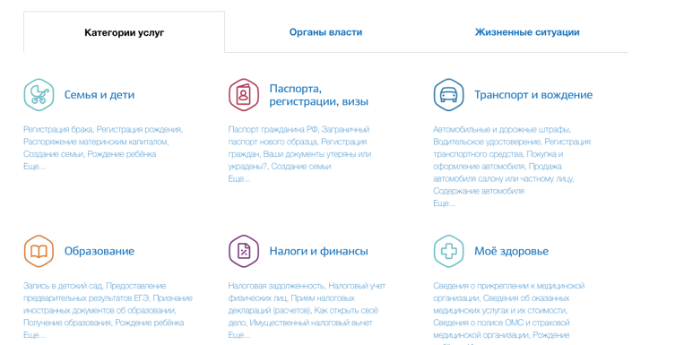 Пример перечня услуг на портале Госуслуг